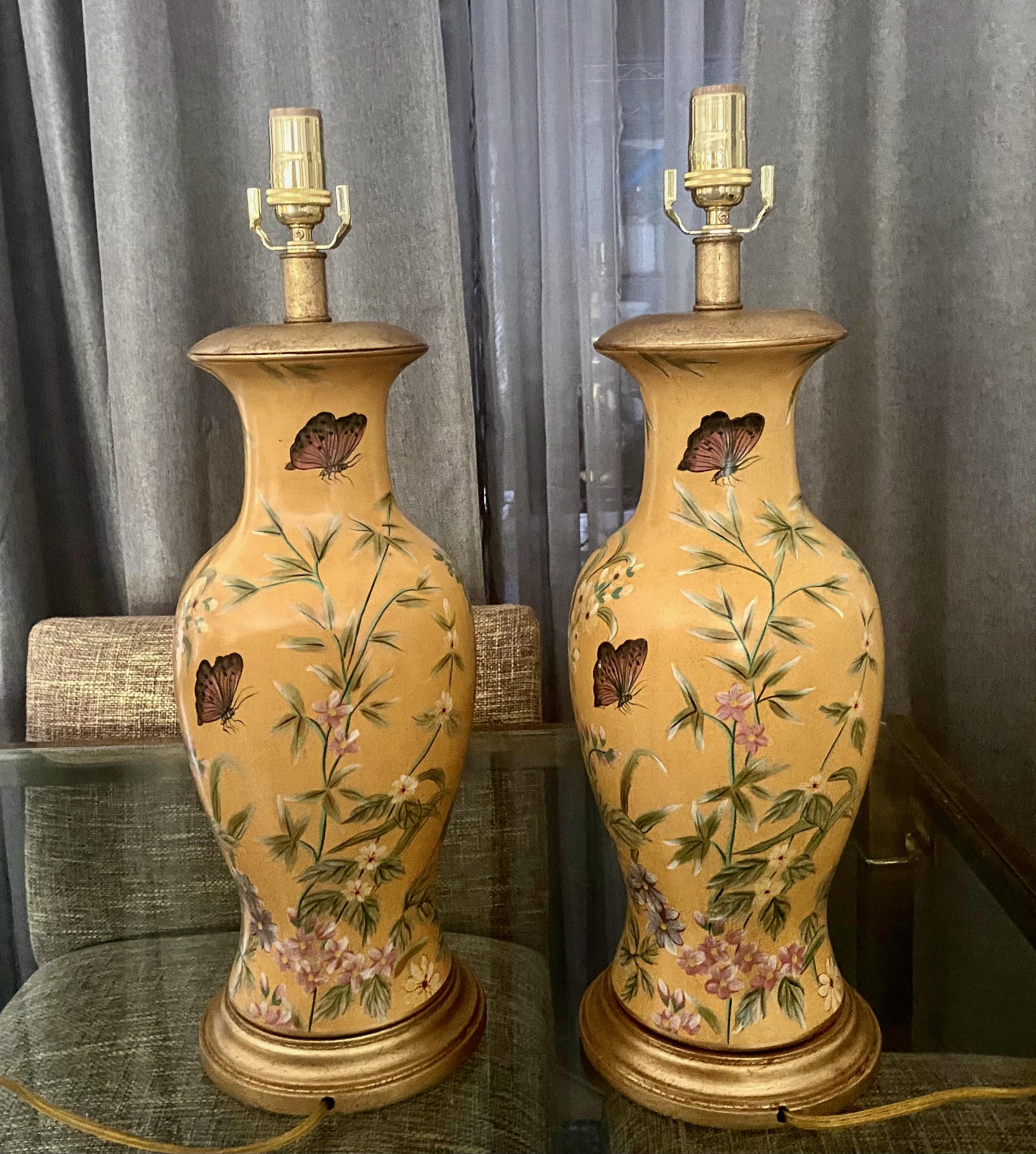 Pair Frederick Cooper Yellow Asian Style Ceramic Table Lamps 2