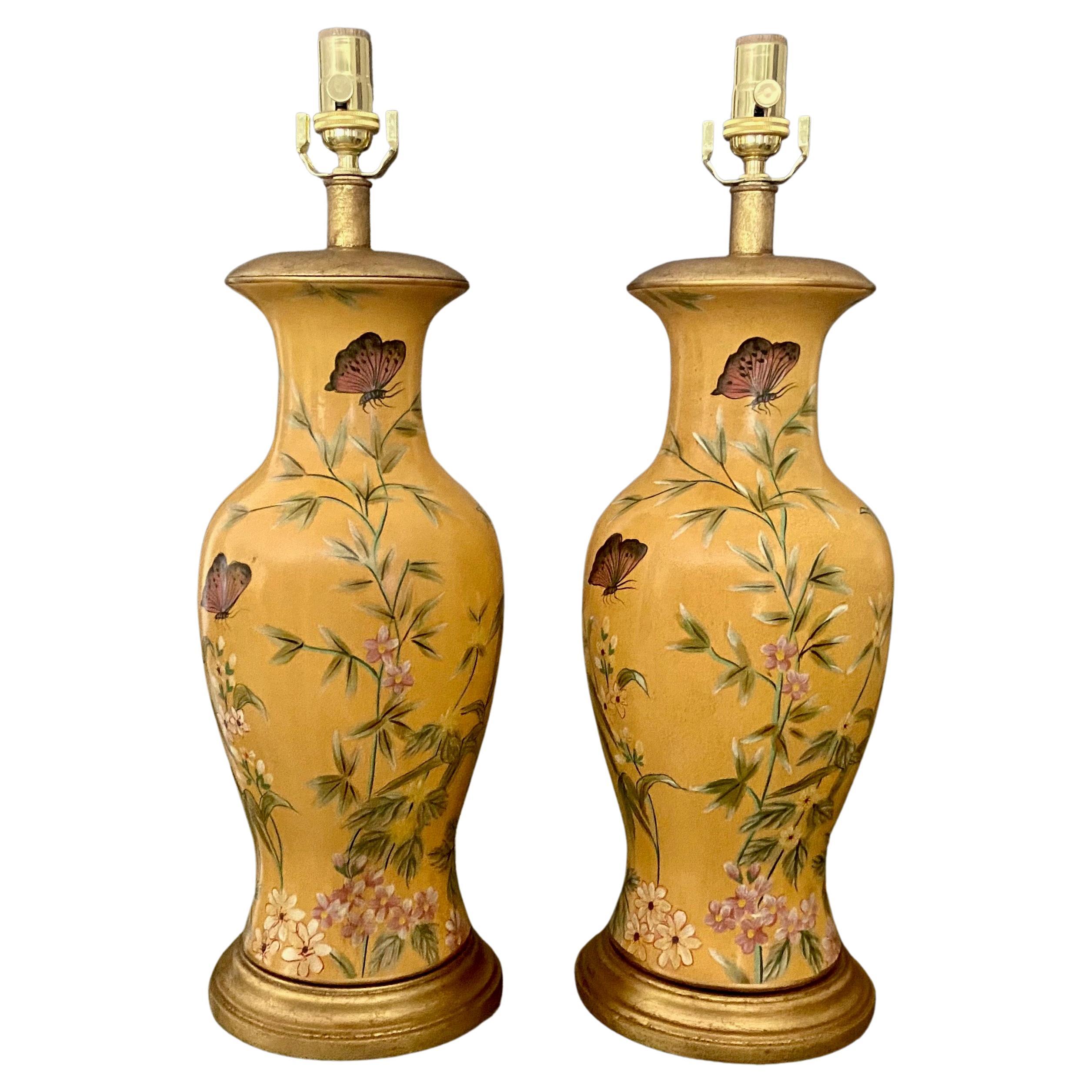 Pair Frederick Cooper Yellow Asian Style Ceramic Table Lamps