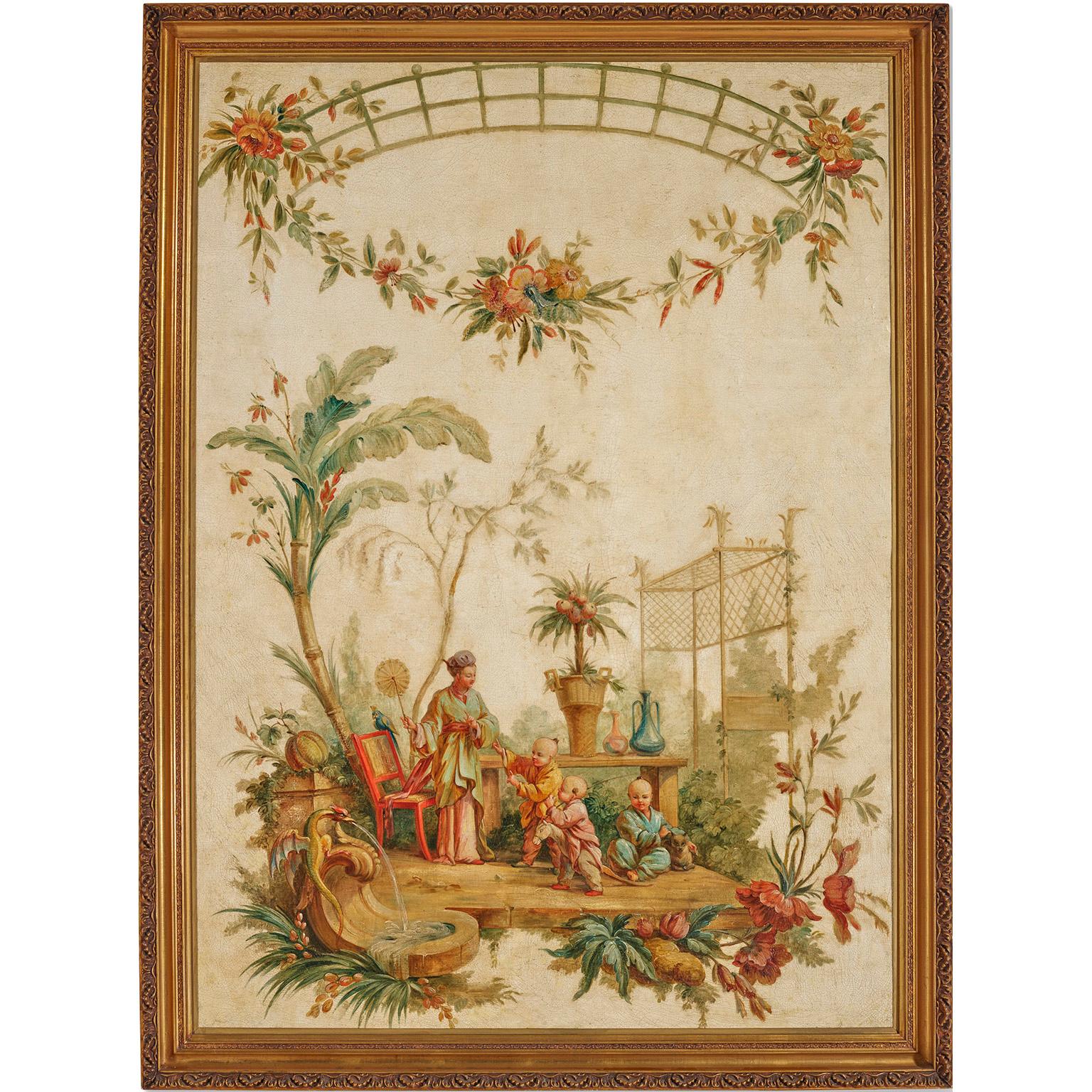 A fine pair of French 18th-19th century whimsical rococo style chinoiserie oil on canvas, circle of Jean-Baptiste Pillement. (French, 1728-1808). One oil painting depicting an outdoor patio scene of a standing young mother, holding a fan, with her