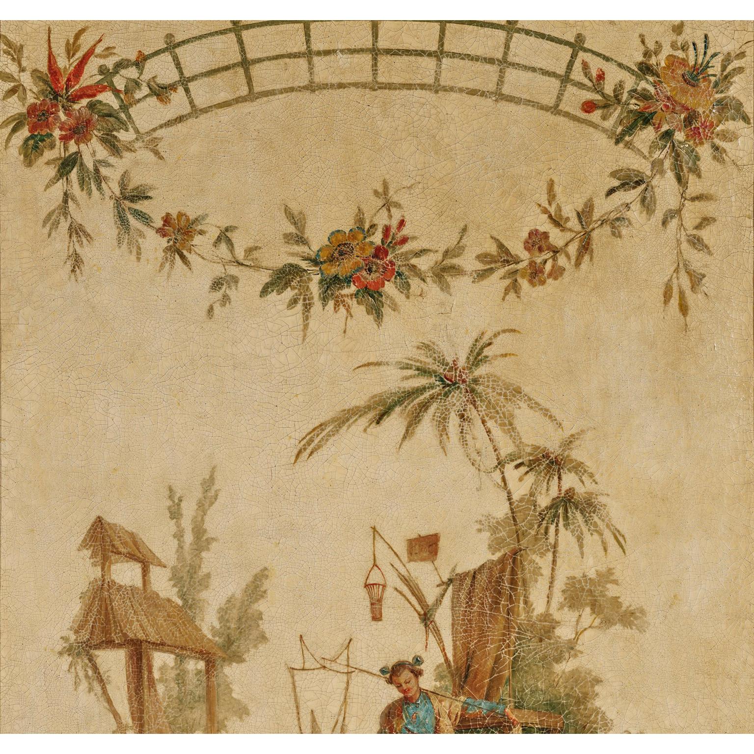 Canvas Pair French 18th-19th Century Chinoiserie Circle of Jean B. Pillement For Sale