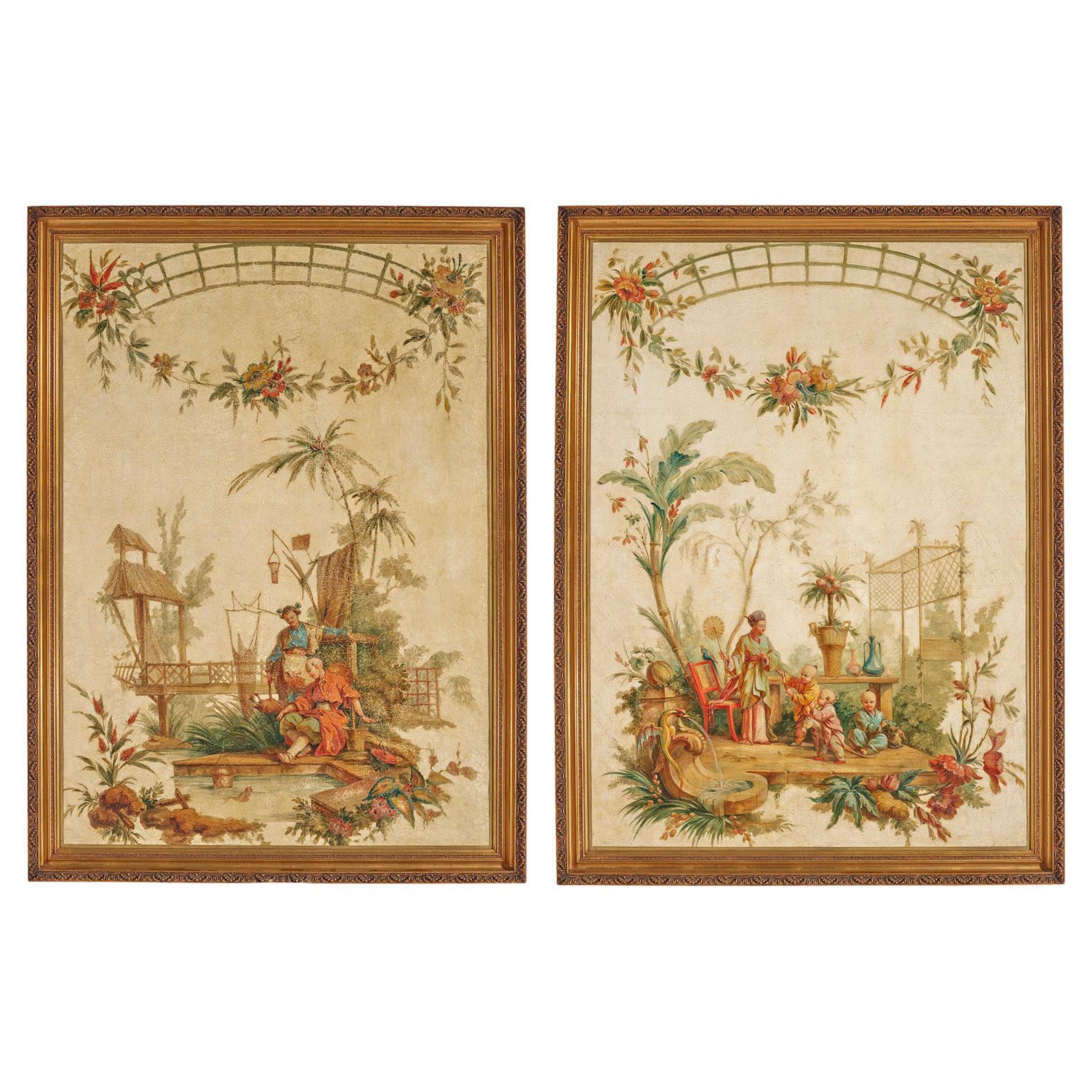 Pair French 18th-19th Century Chinoiserie Circle of Jean B. Pillement For Sale