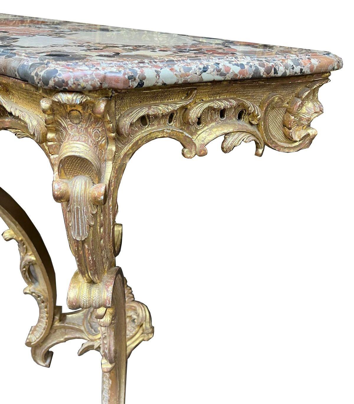 Pair French 18th Century carved gilt wood console tables. In Good Condition For Sale In Brighton, Sussex