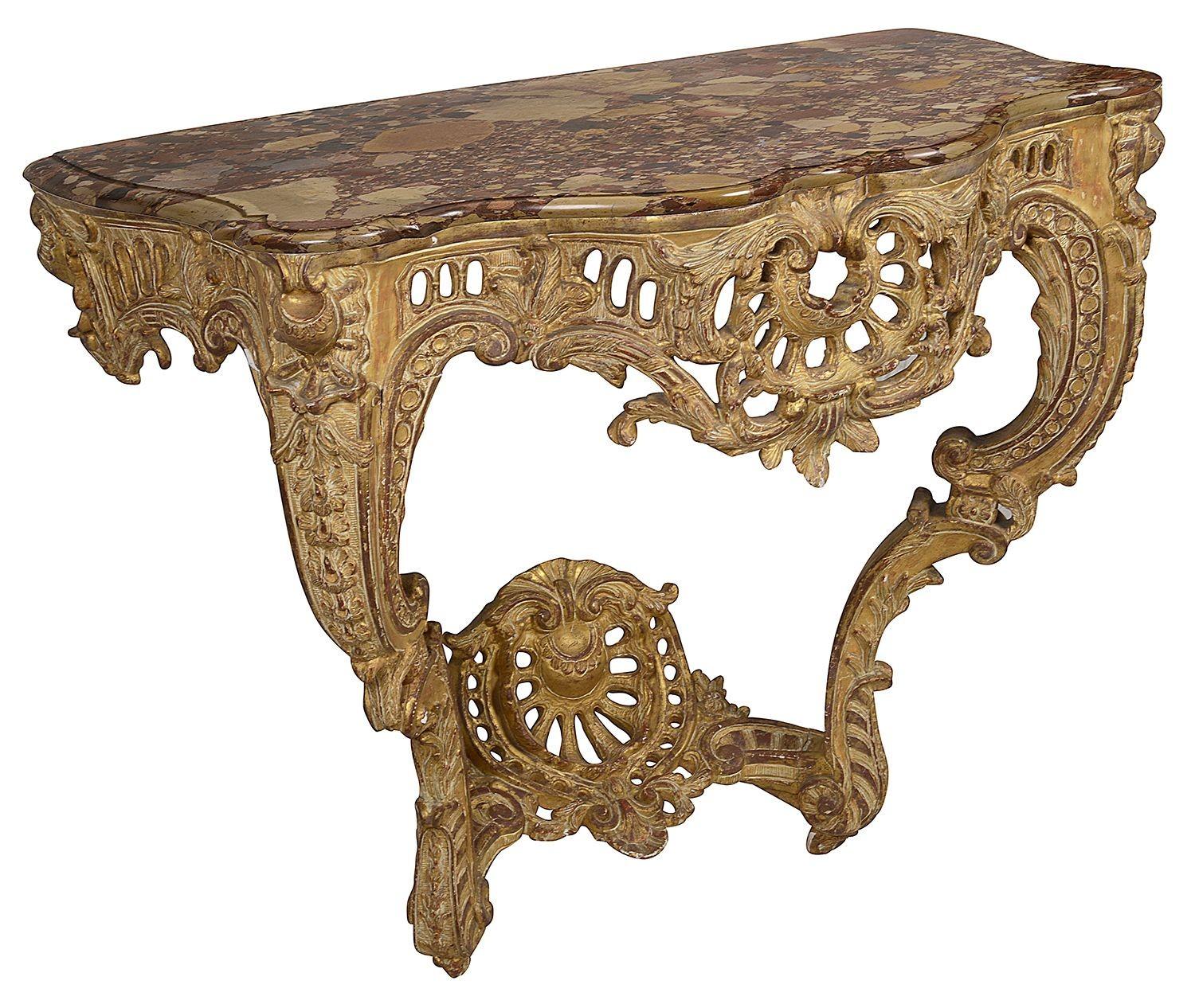 Rococo Pair French 18th Century Carved Giltwood Marble Topped Console Tables