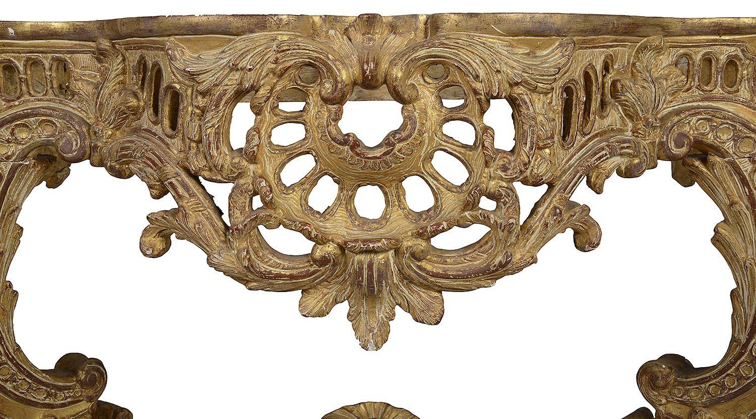 Hand-Carved Pair French 18th Century Carved Giltwood Marble Topped Console Tables