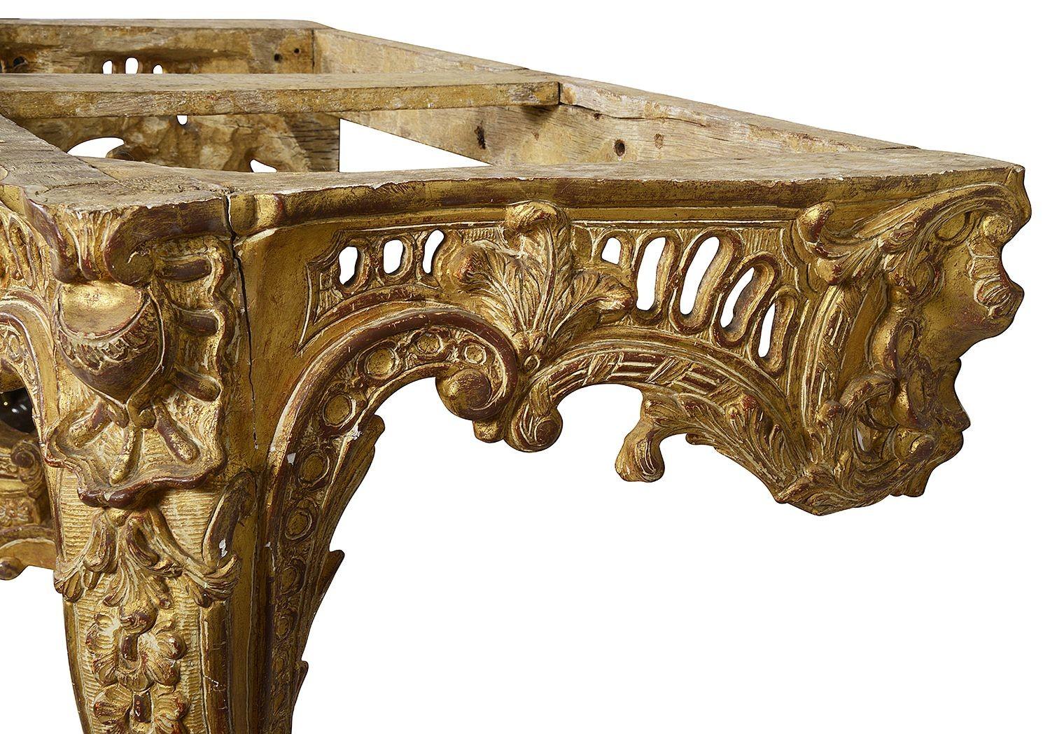 Pair French 18th Century Carved Giltwood Marble Topped Console Tables In Good Condition In Brighton, Sussex