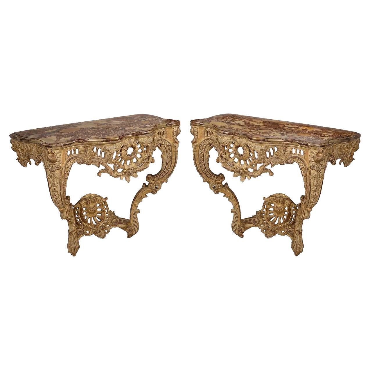 Pair French 18th Century Carved Giltwood Marble Topped Console Tables