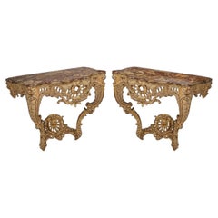 Pair French 18th Century Carved Giltwood Marble Topped Console Tables