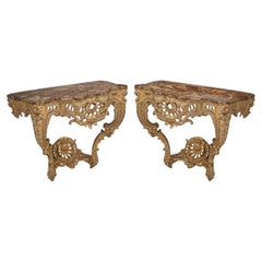 Pair French 18th Century Carved Giltwood Marble Topped Console Tables