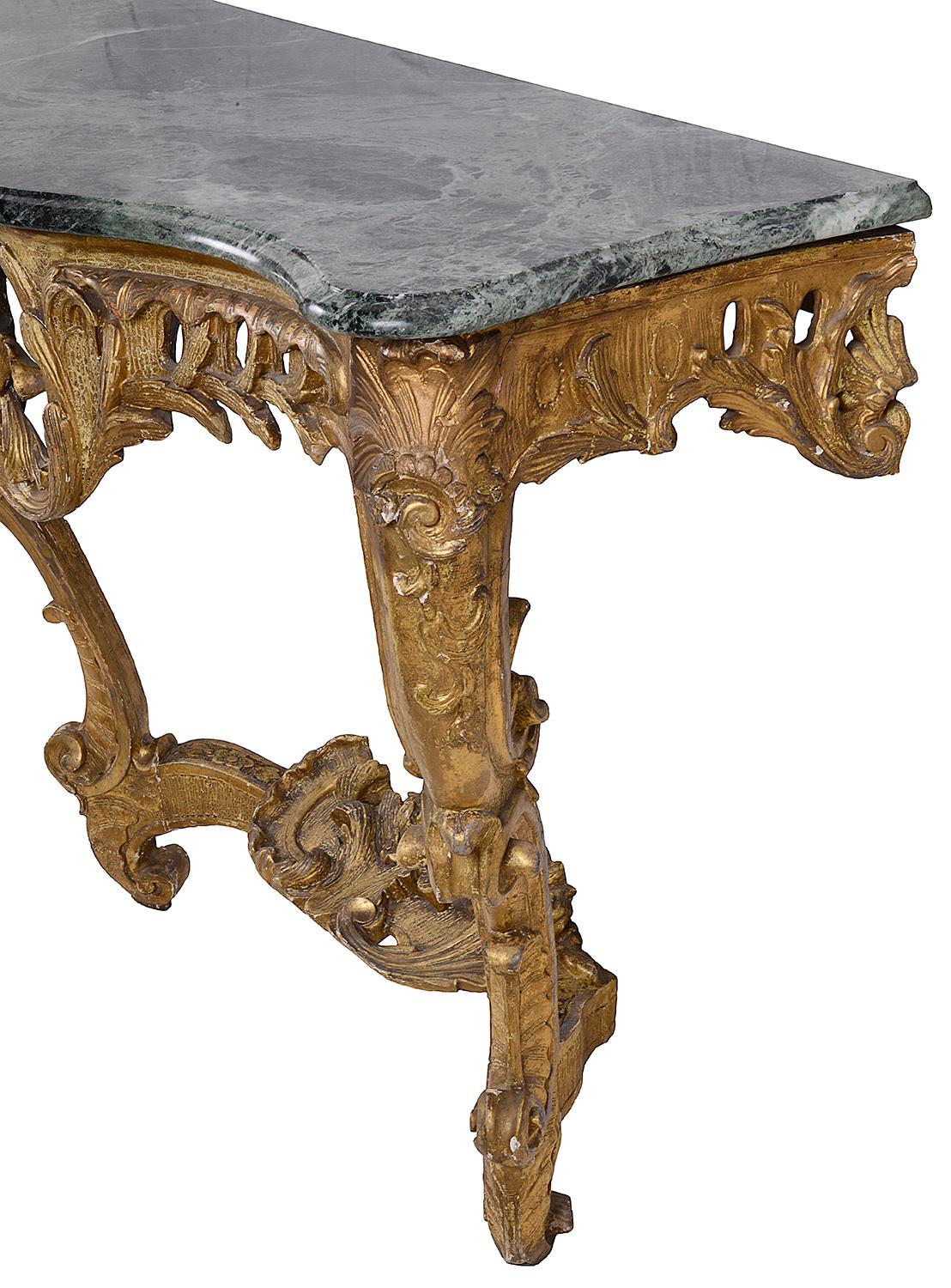 Pair of French 18th Century Carved Rococco Style Giltwood Console Tables 1