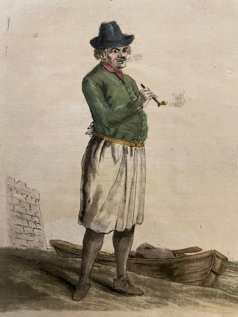 Pair French 18th Century Hand Colored Engravings of Pipe Smokers For Sale 1