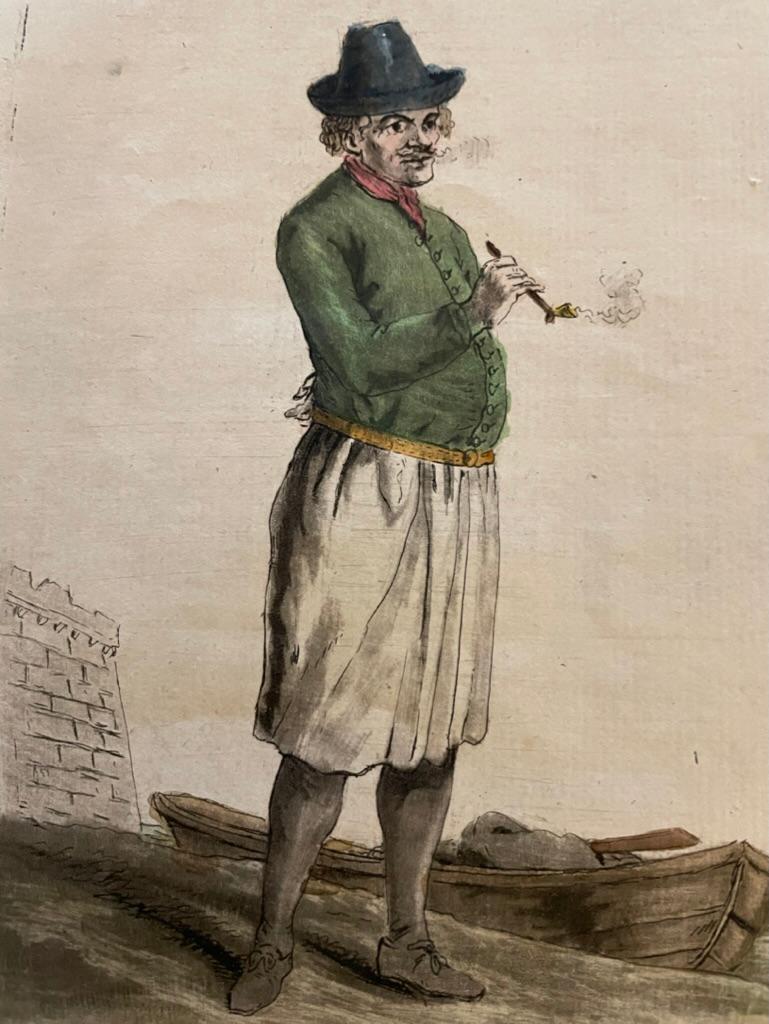 Pair French 18th Century Hand Colored Engravings of Pipe Smokers For Sale 2