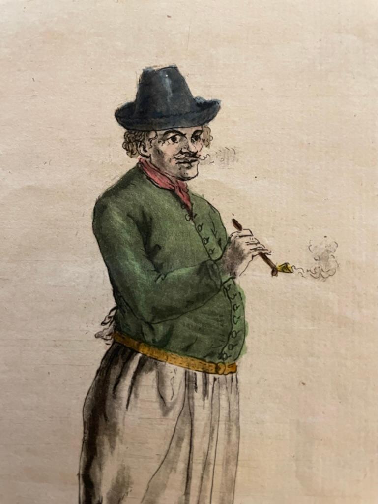 Paire de gravures françaises du 18ème siècle colorées à la main représentant des fumeurs de pipe en vente 4