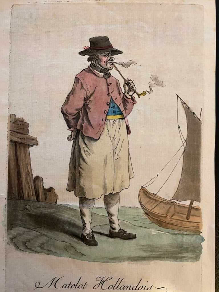 Paire de gravures colorées à la main de Jacques Grasset de Sainte- Sauveur, publication de Paris en 1797, « Colores de Different Pays » (Costumes de Different Pays). Cette paire représente deux personnages fumant de la pipe, 