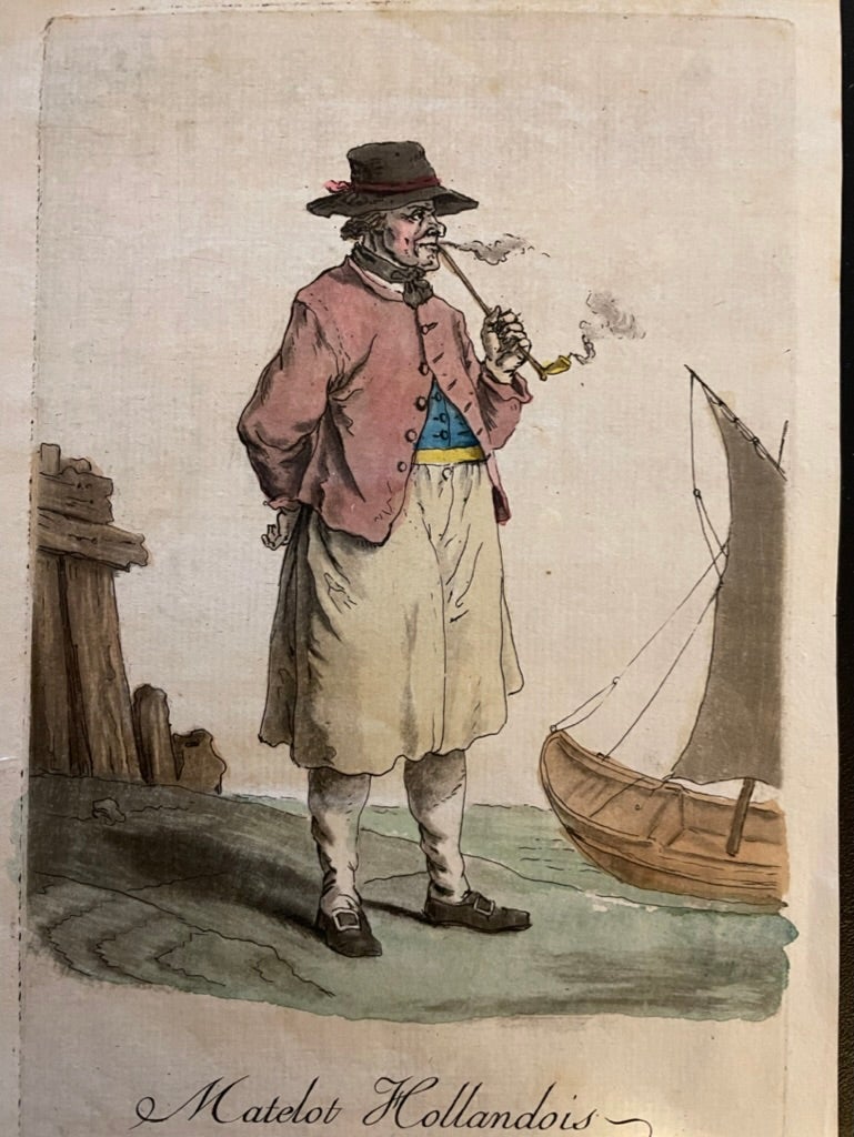 Pair of hand colored engravings by Jacques Grasset de Sainte-Sauveur, 1797 Paris publication, 'Costumes de Different Pays', (Costumes of Different Countries). This pair depicting two pipe smoking figures, 'Matelot Hollandais' ( Dutch Sailor) and