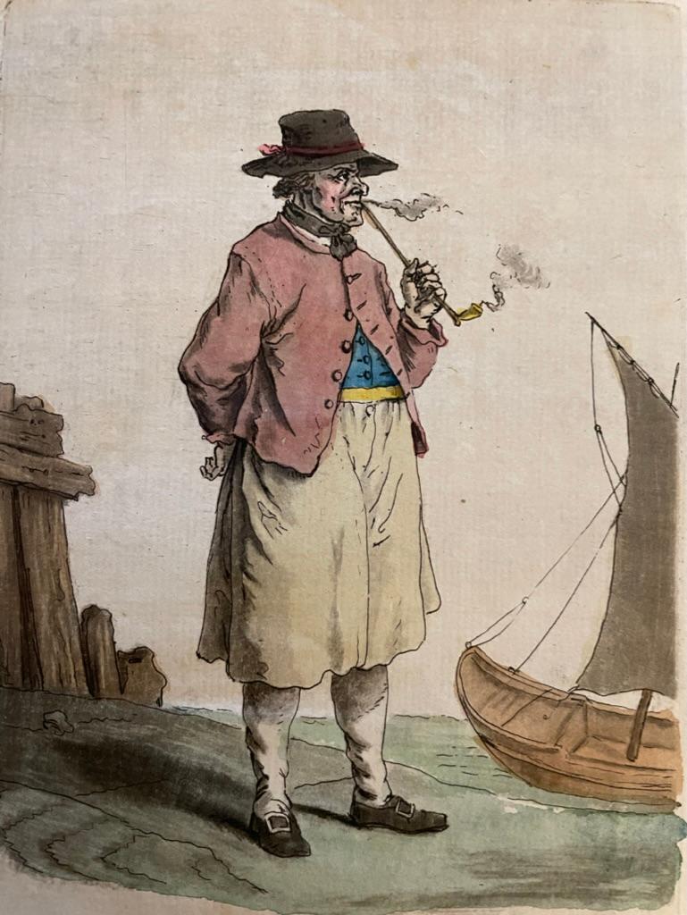 Paar französische handkolorierte Gravuren von Pfeifen-Rauchern aus dem 18. Jahrhundert (Neoklassisch) im Angebot