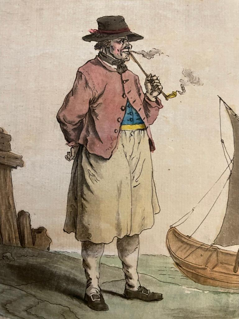 Paar französische handkolorierte Gravuren von Pfeifen-Rauchern aus dem 18. Jahrhundert (Radiert) im Angebot