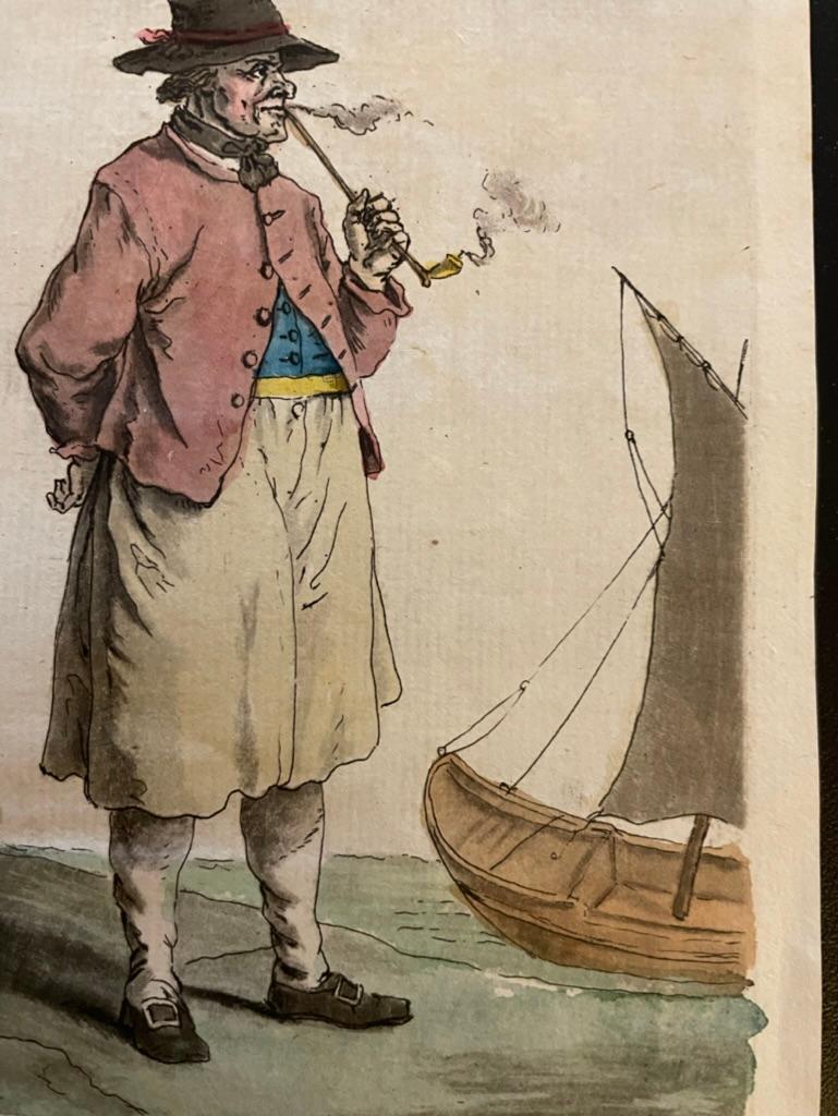 Paire de gravures françaises du 18ème siècle colorées à la main représentant des fumeurs de pipe Bon état - En vente à Stamford, CT