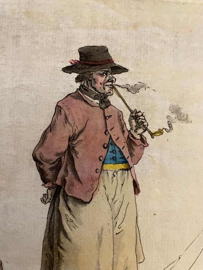 Pair French 18th Century Hand Colored Engravings of Pipe Smokers For Sale 1