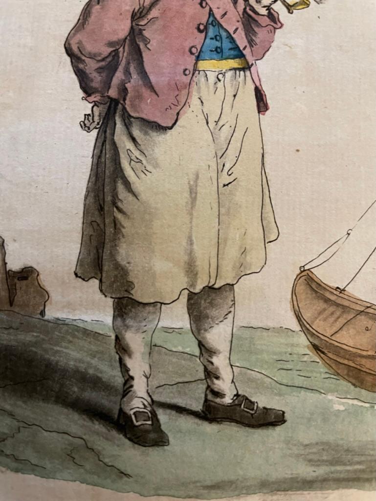 Pair French 18th Century Hand Colored Engravings of Pipe Smokers In Good Condition For Sale In Stamford, CT