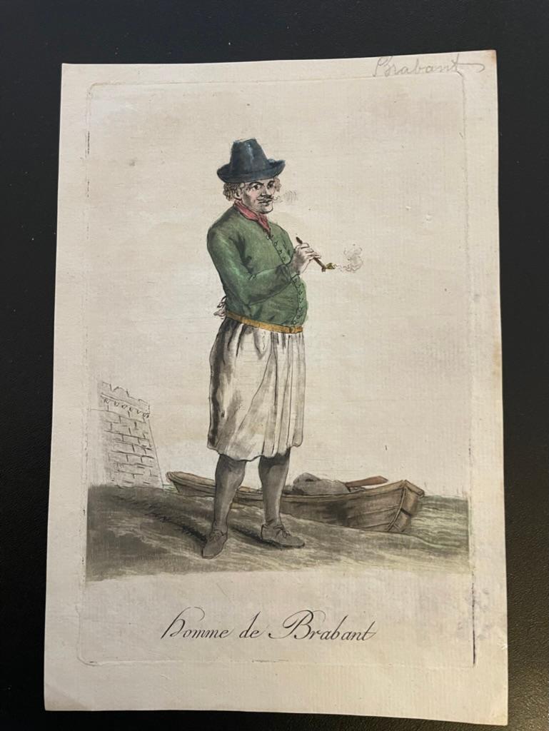 Paper Pair French 18th Century Hand Colored Engravings of Pipe Smokers For Sale