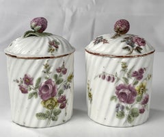 Pair French Mennecy Porcelain Jars, Hand Painted, 18th Century