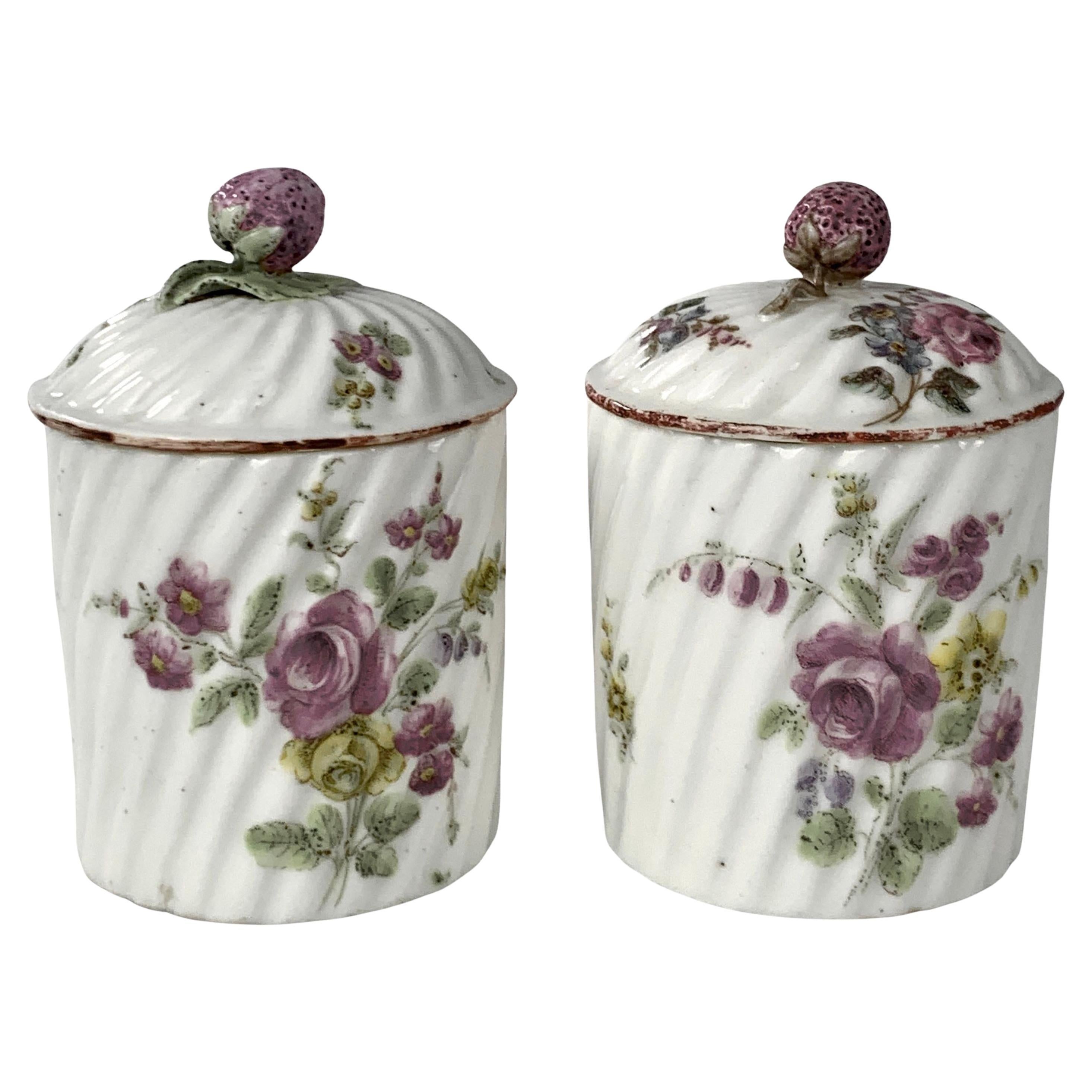 Pair Antique Porcelain Jars French Hand Painted 18th Century Made by Mennecy For Sale