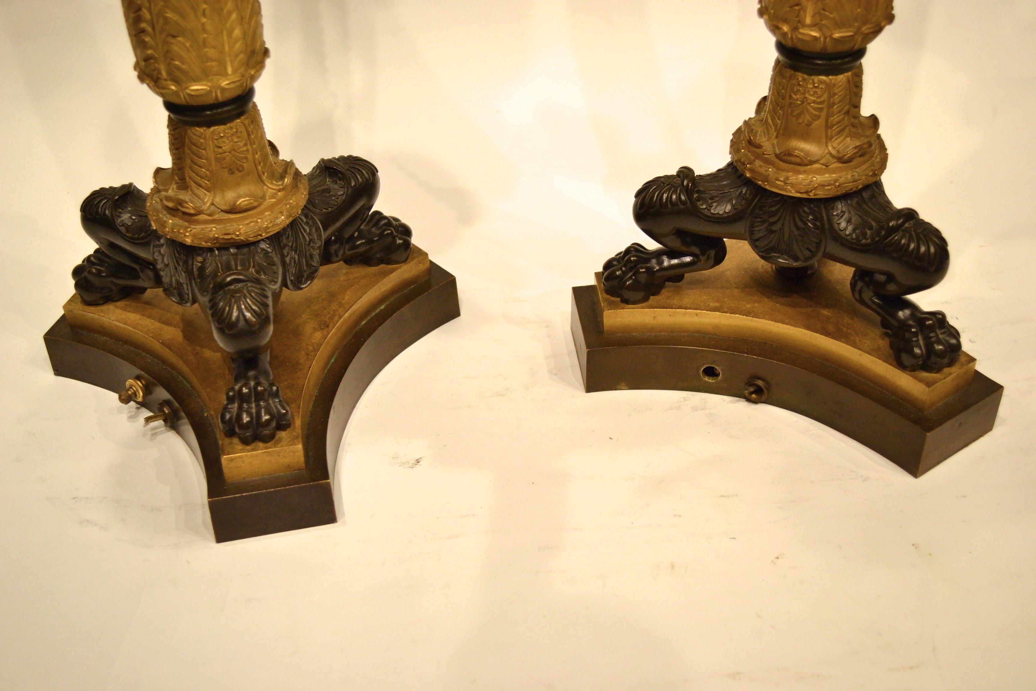 Pair of French 19th Century Empire Cut Glass and Bronze Candelabras / Lamps For Sale 7