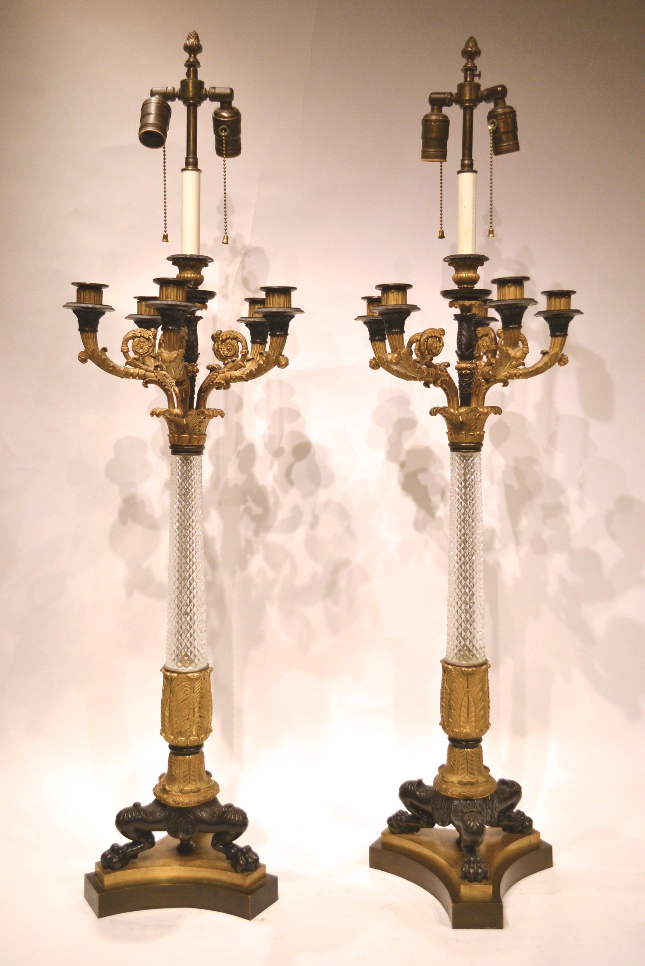 Pair of very large and impressive French 19th century Empire cut glass and two-tone bronze candelabras made to lamps.