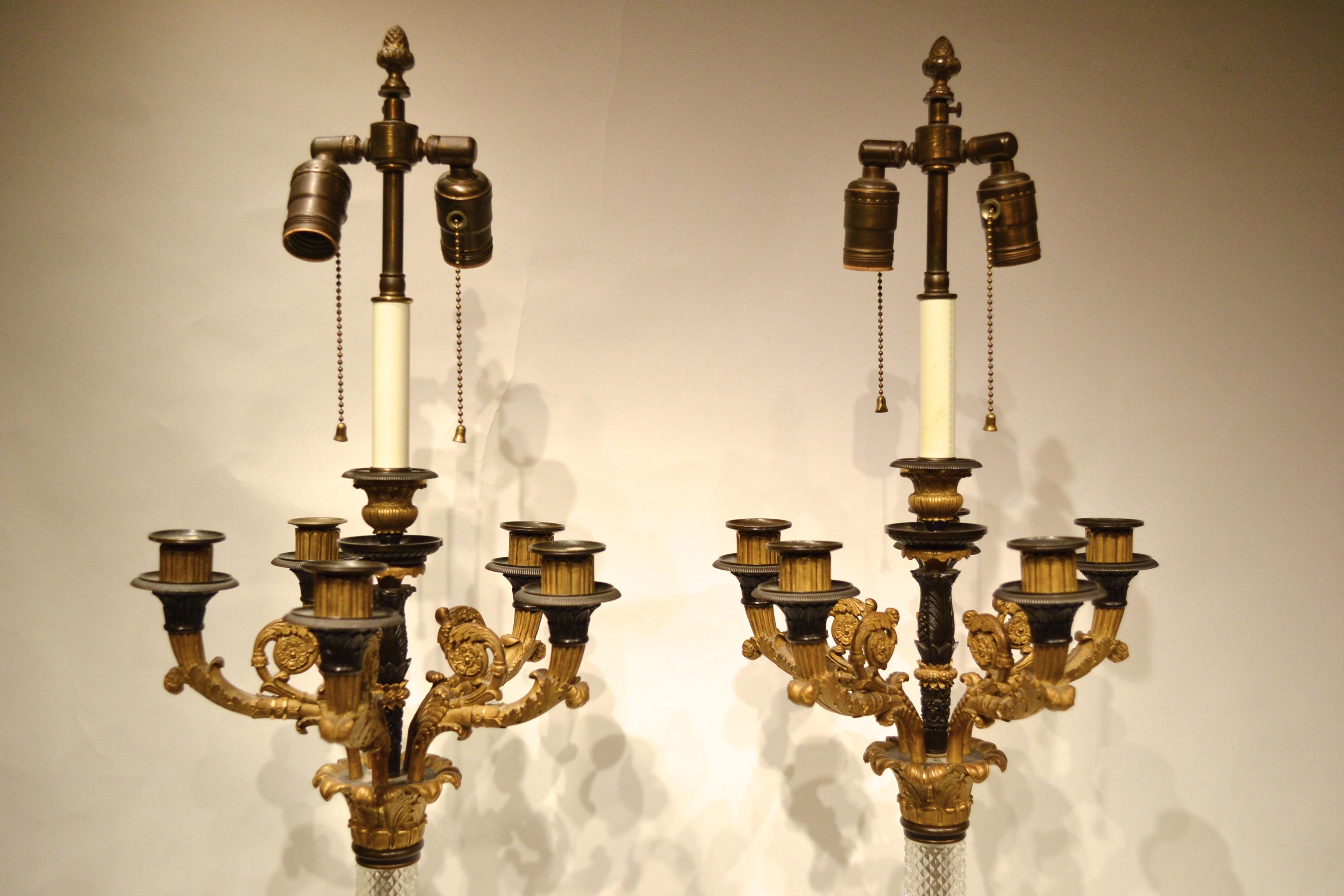 Gilt Pair of French 19th Century Empire Cut Glass and Bronze Candelabras / Lamps For Sale