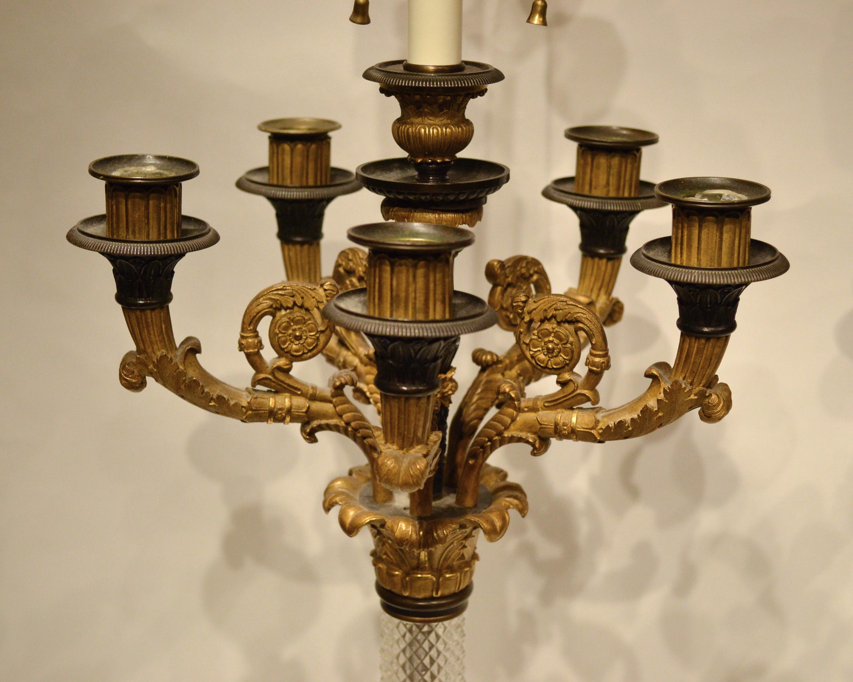 Pair of French 19th Century Empire Cut Glass and Bronze Candelabras / Lamps In Good Condition For Sale In New York, NY