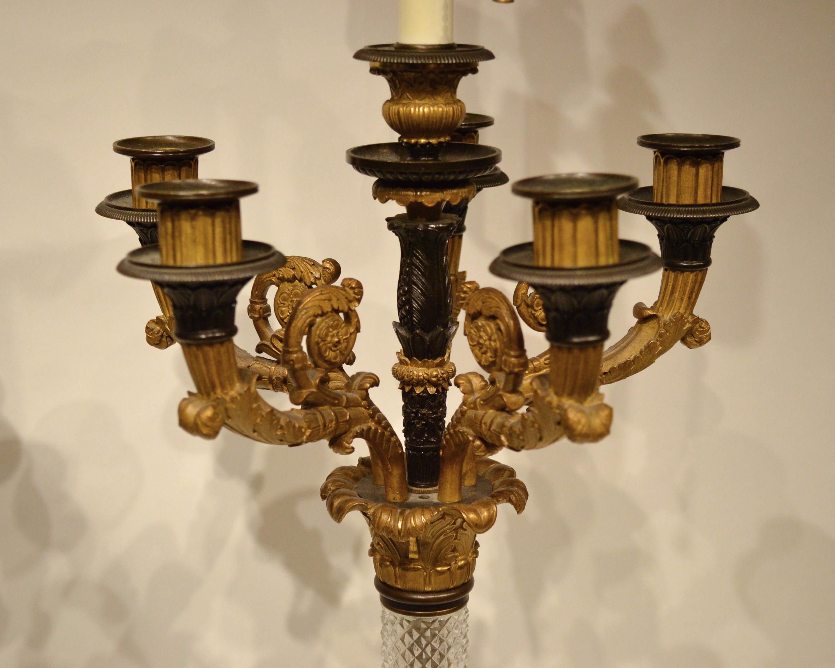 Pair of French 19th Century Empire Cut Glass and Bronze Candelabras / Lamps For Sale 1