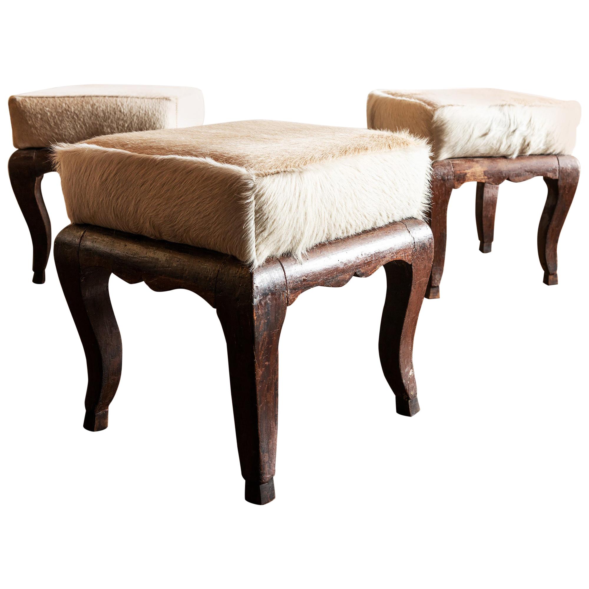 Pair of French 1900s Stools with Cowhide Seats