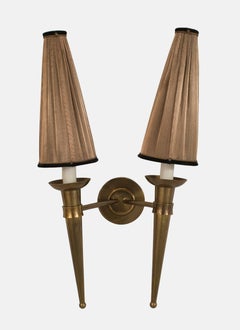 Pair of French, 1940s Brass Two Torch Form Arm Wall Sconces