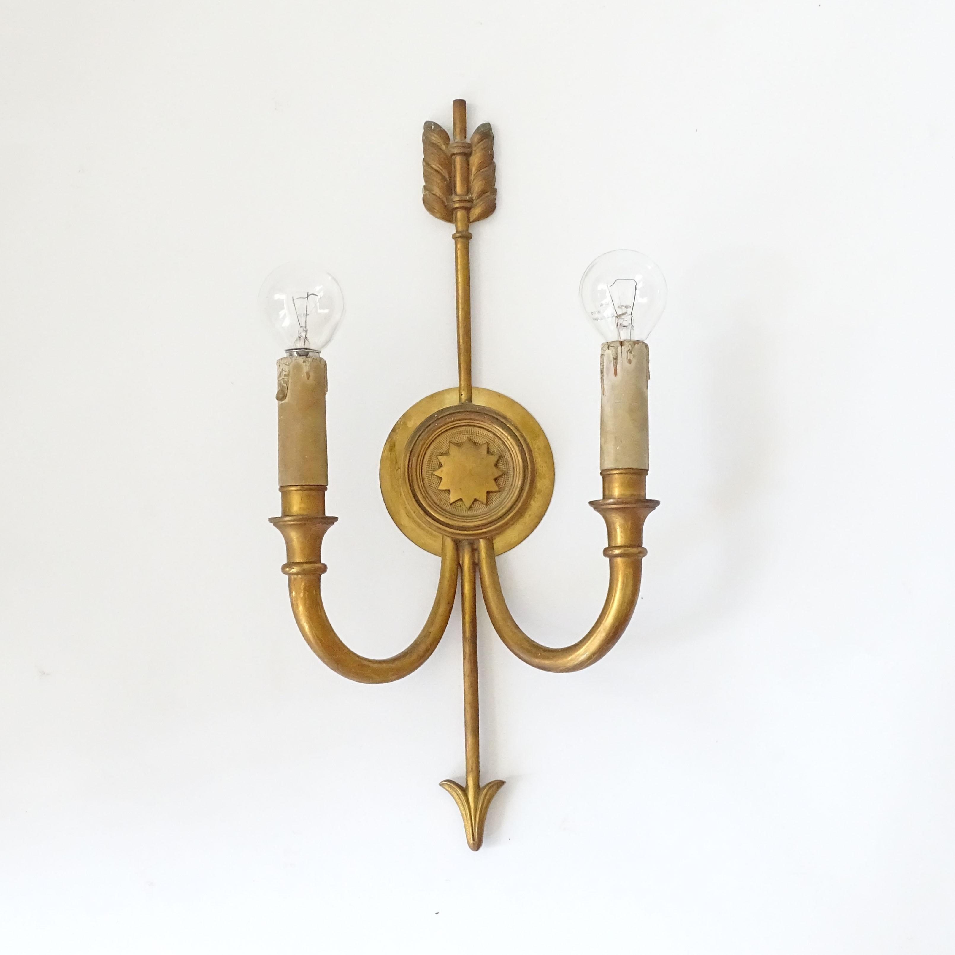 Brass Pair French 1940s Neo-classic arrow shaped brass wall lamps For Sale
