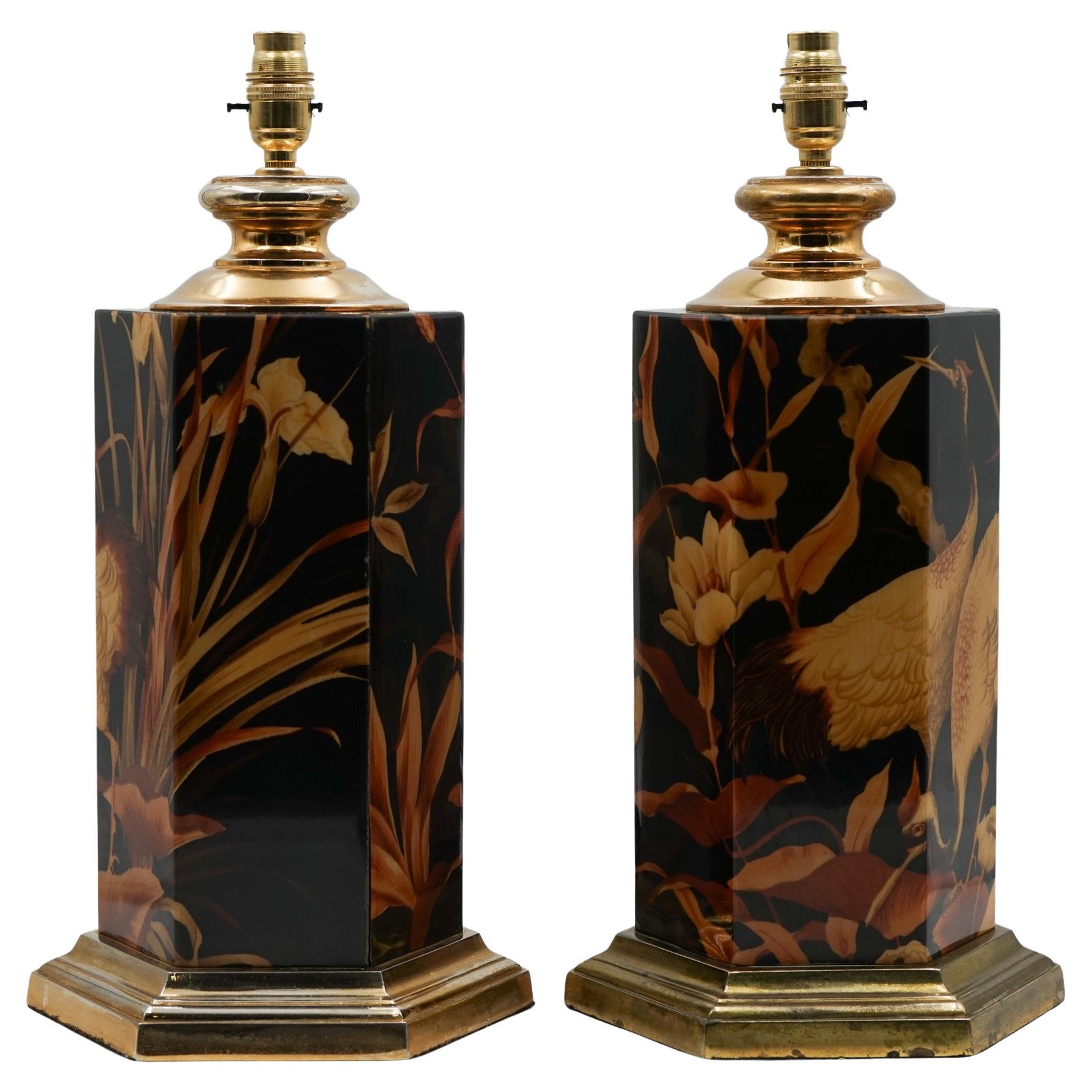PAIR FRENCH 1970
S MAISON LE DAUPHIN HOLLYWOOD REGENCY CHINOISERiE TABLES LAMPS