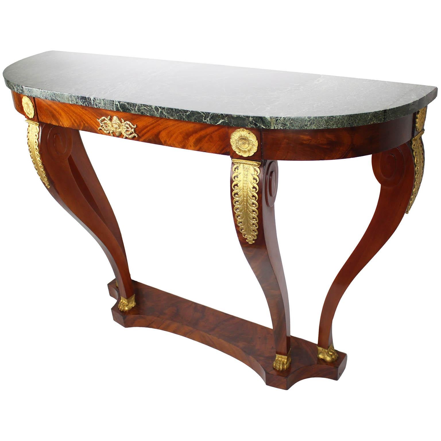Gilt Pair French 19th/20th Century Empire Style Demi-Lune Console Table, Attr. Forest For Sale