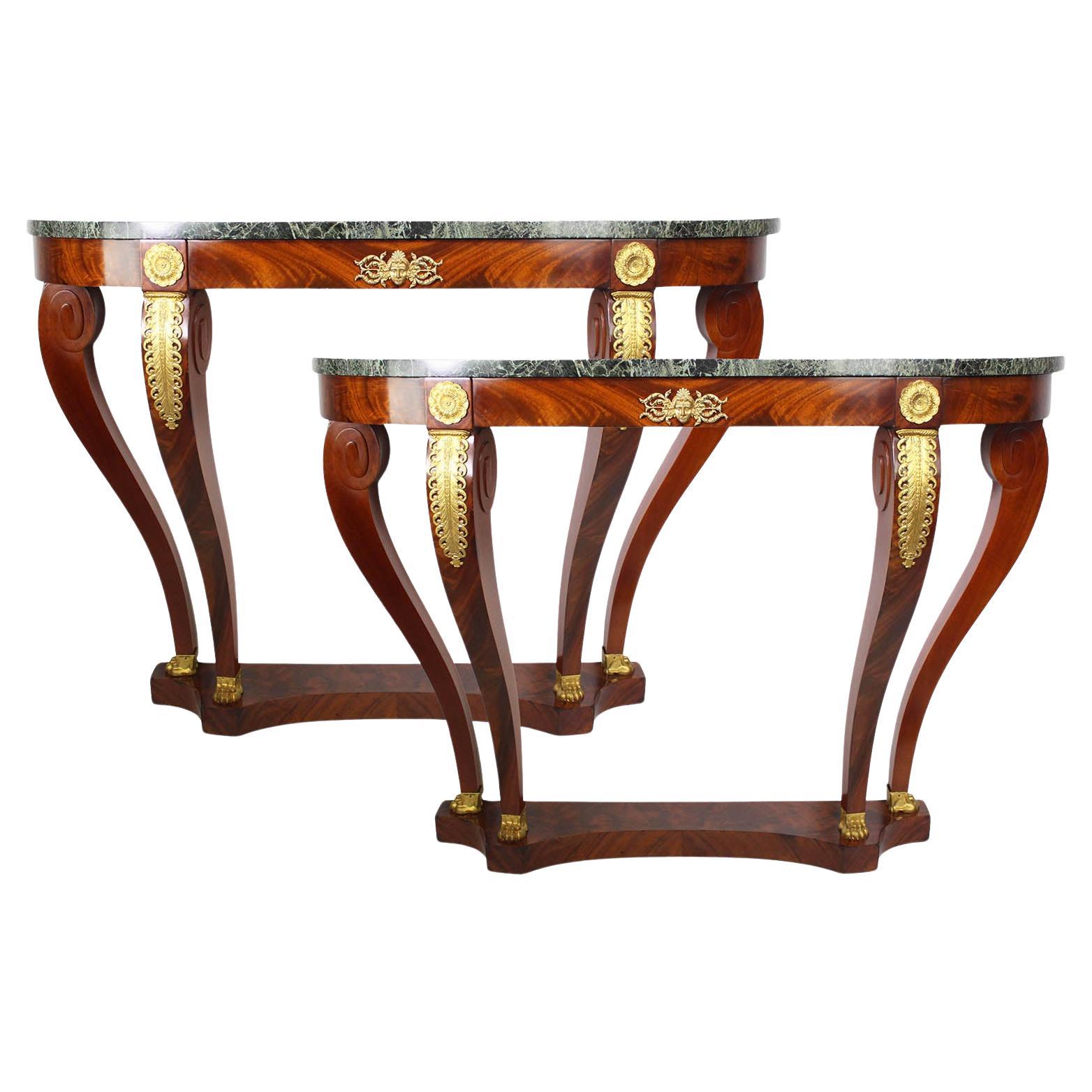 Pair French 19th/20th Century Empire Style Demi-Lune Console Table, Attr. Forest For Sale