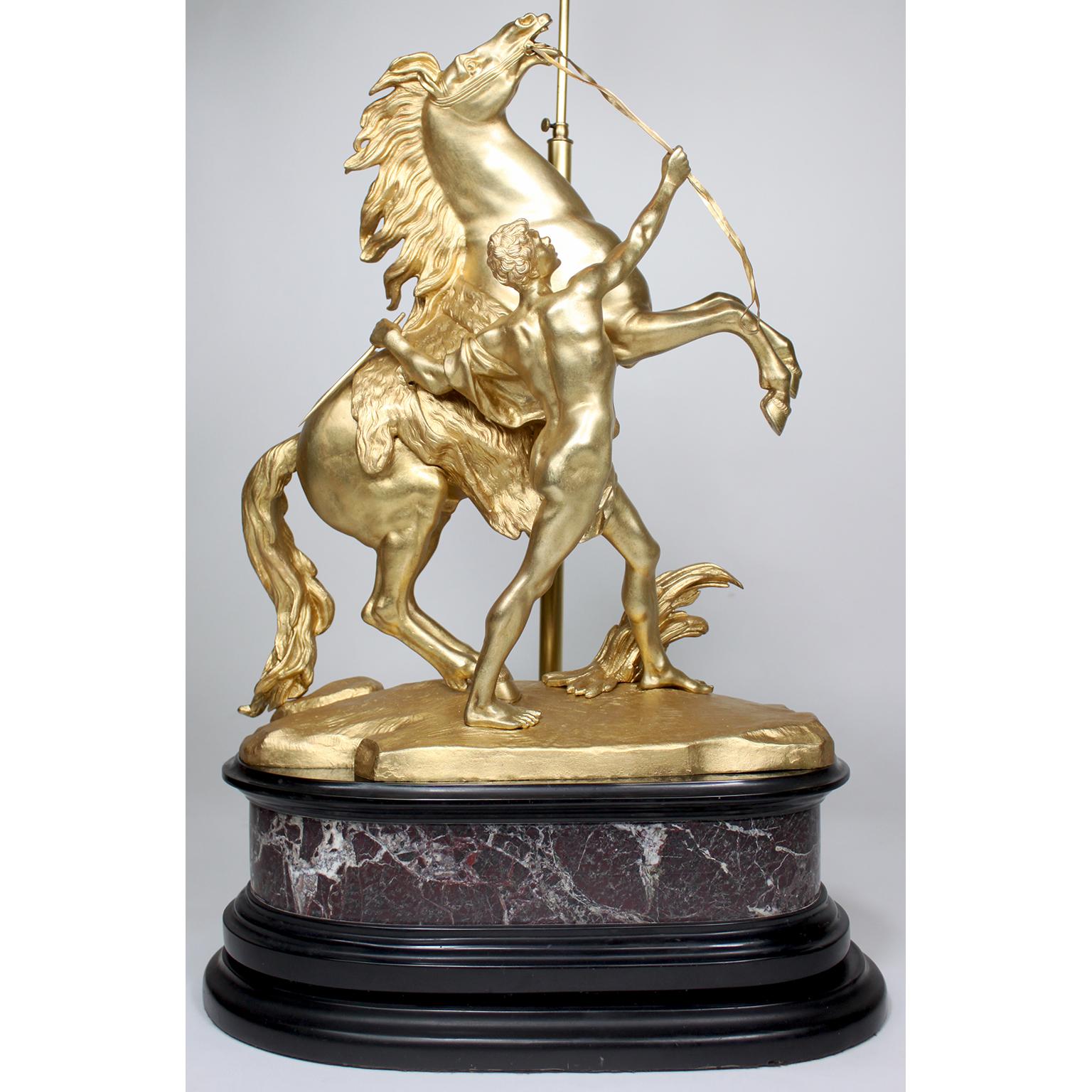 Pair French 19th/20th Century Gilt-Bronze Sculptures of The Marly Horses Lamps In Good Condition For Sale In Los Angeles, CA
