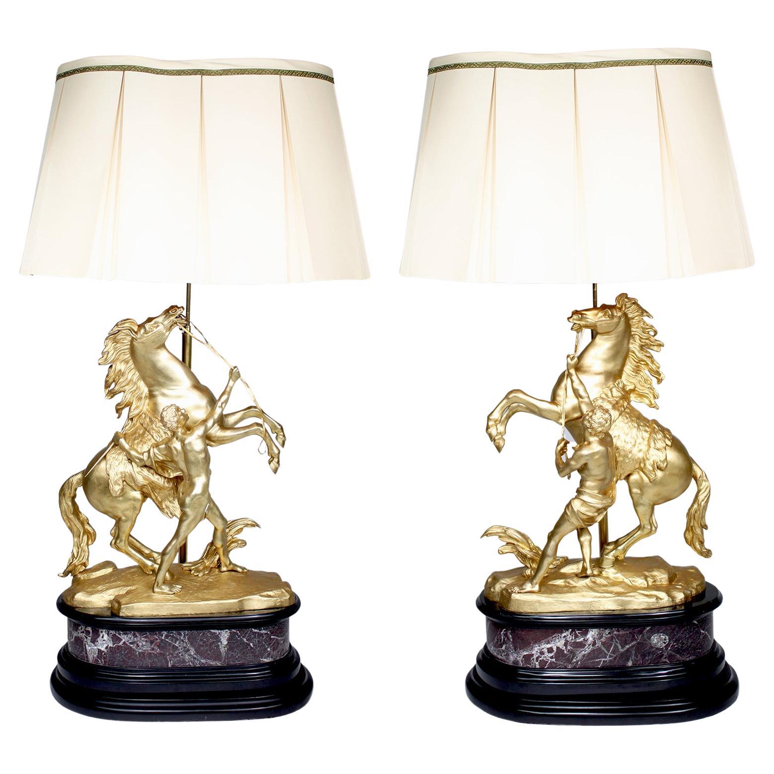 Pair French 19th/20th Century Gilt-Bronze Sculptures of The Marly Horses Lamps