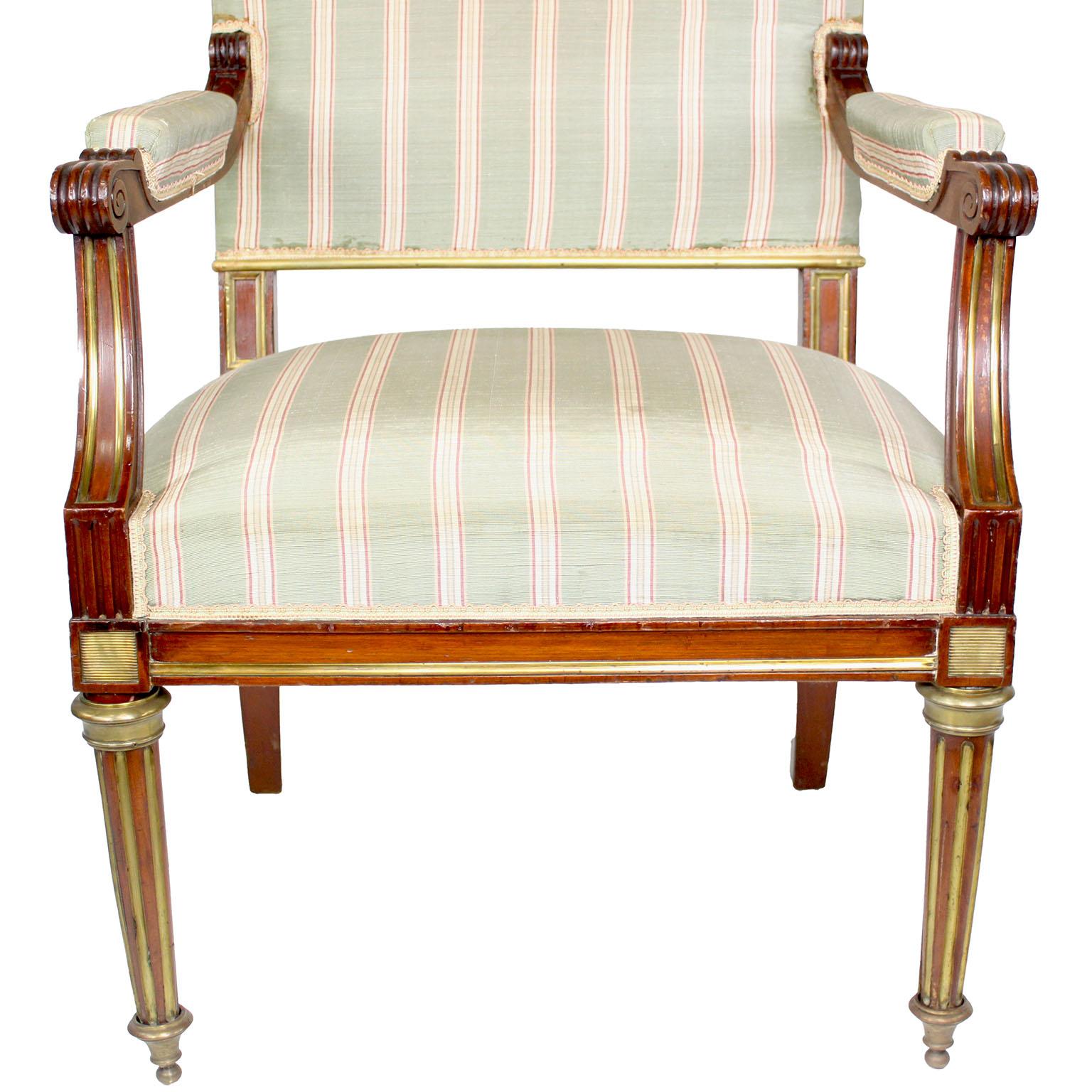 Pair French 19th-20th Century Louis XVI Style Mahogany and Gilt-Metal Armchairs For Sale 8