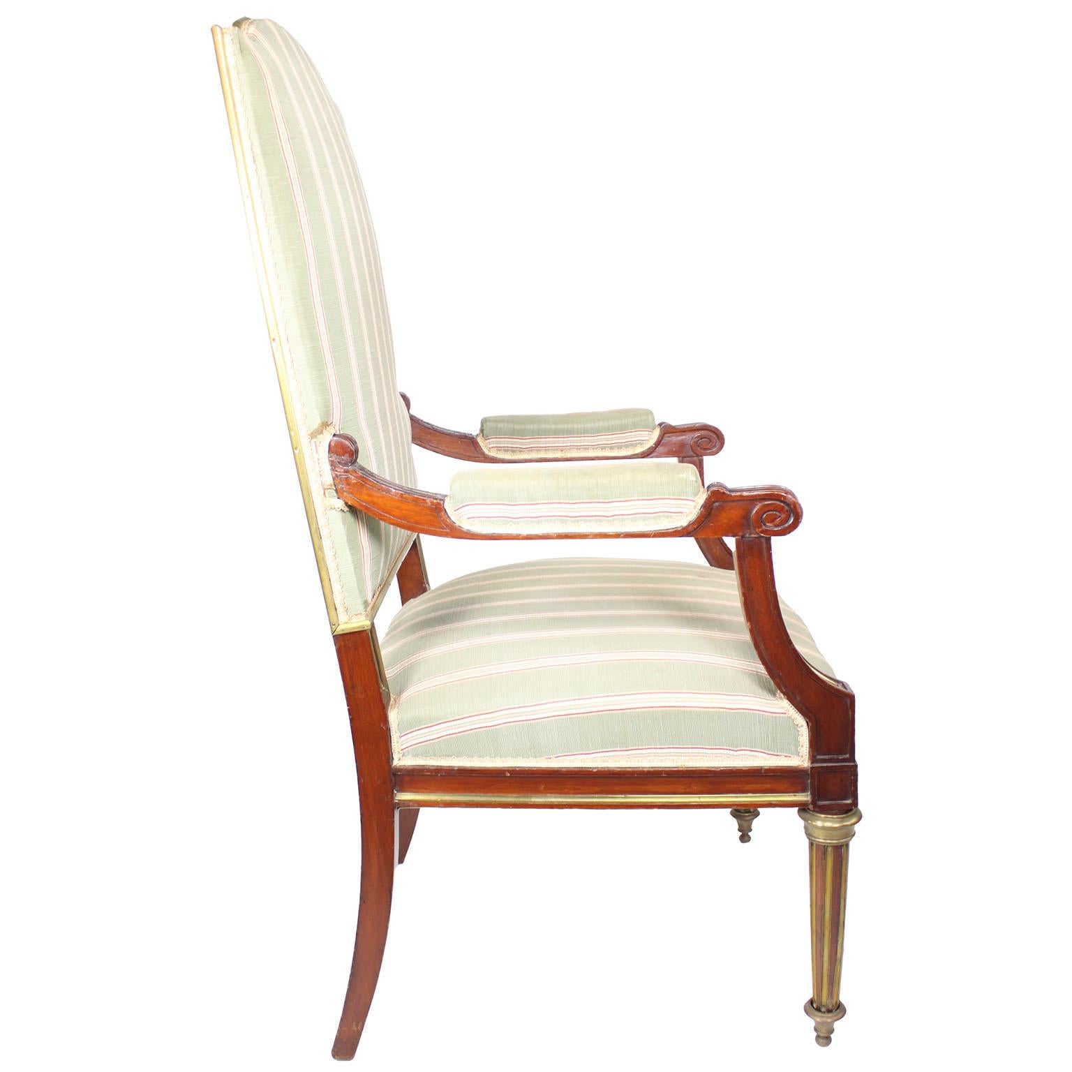 Pair French 19th-20th Century Louis XVI Style Mahogany and Gilt-Metal Armchairs For Sale 11
