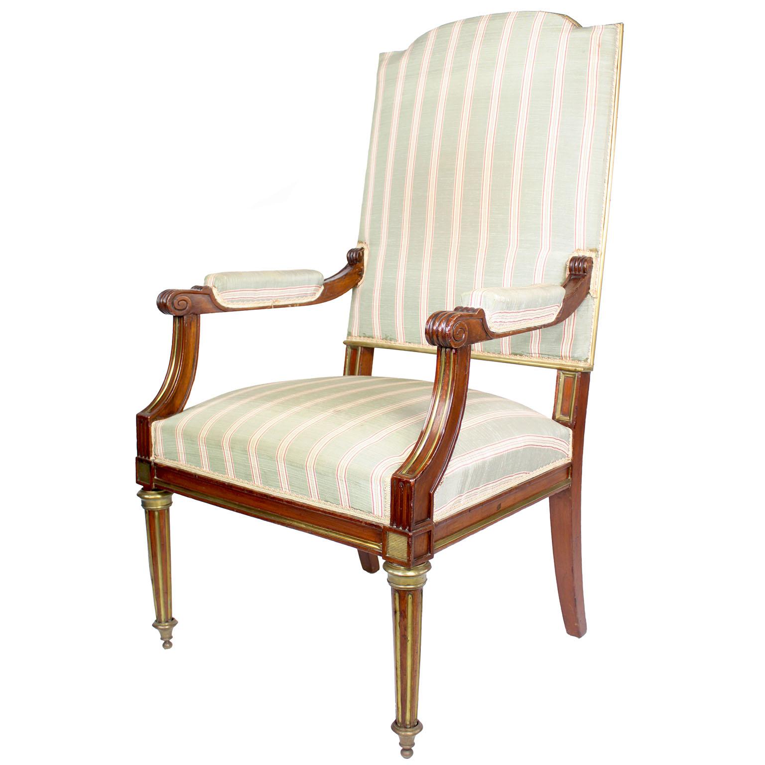 Pair French 19th-20th Century Louis XVI Style Mahogany and Gilt-Metal Armchairs In Fair Condition For Sale In Los Angeles, CA
