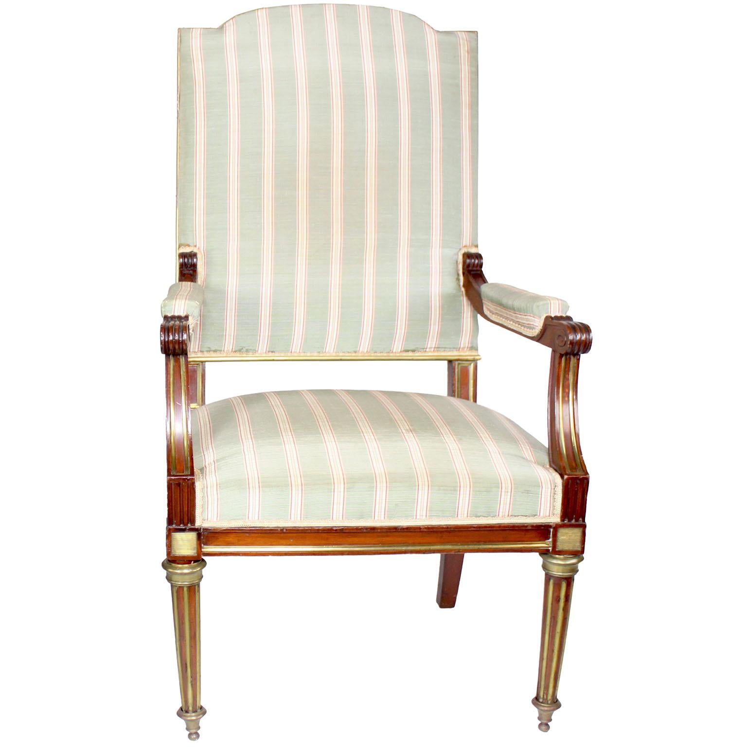 Pair French 19th-20th Century Louis XVI Style Mahogany and Gilt-Metal Armchairs For Sale 1