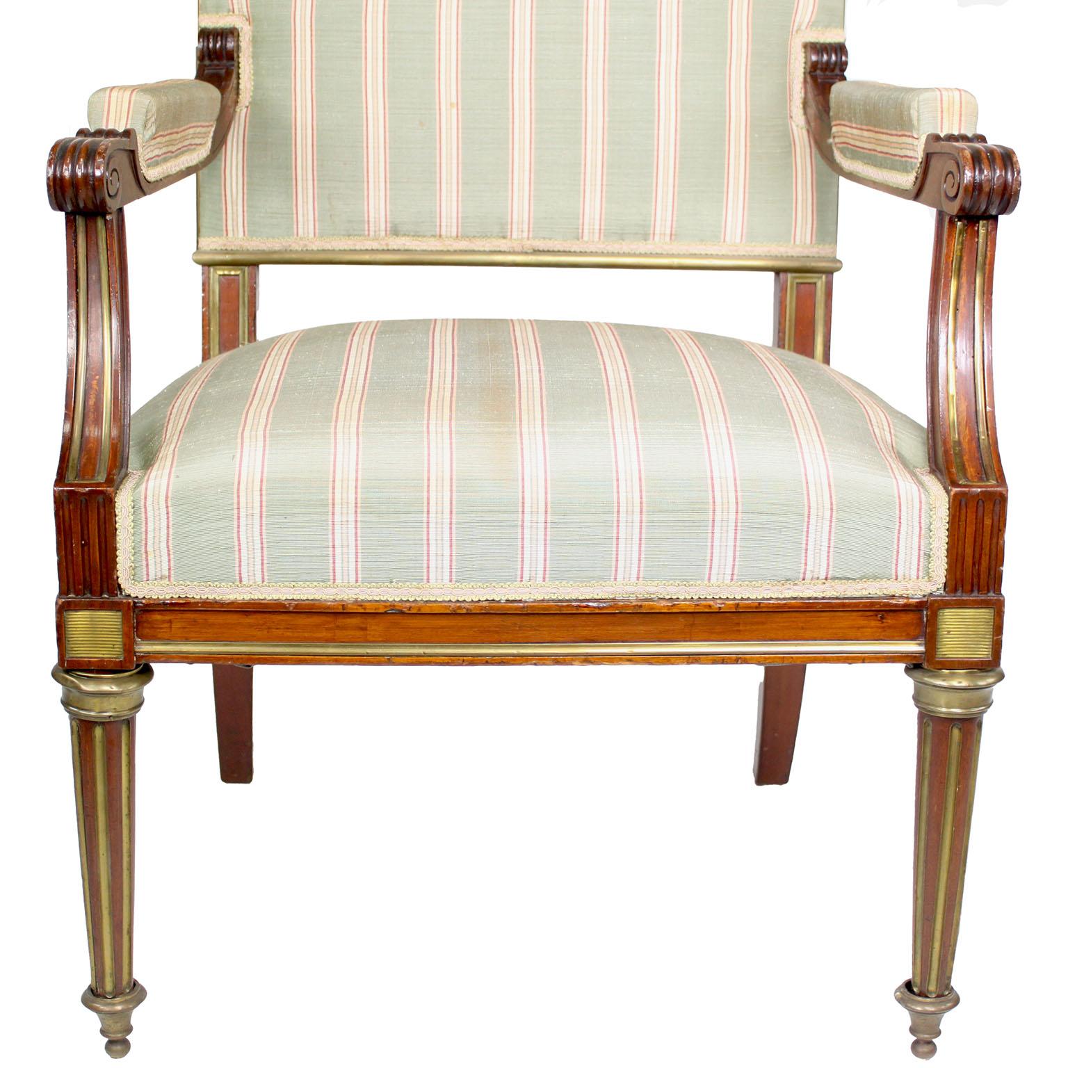 Pair French 19th-20th Century Louis XVI Style Mahogany and Gilt-Metal Armchairs For Sale 3