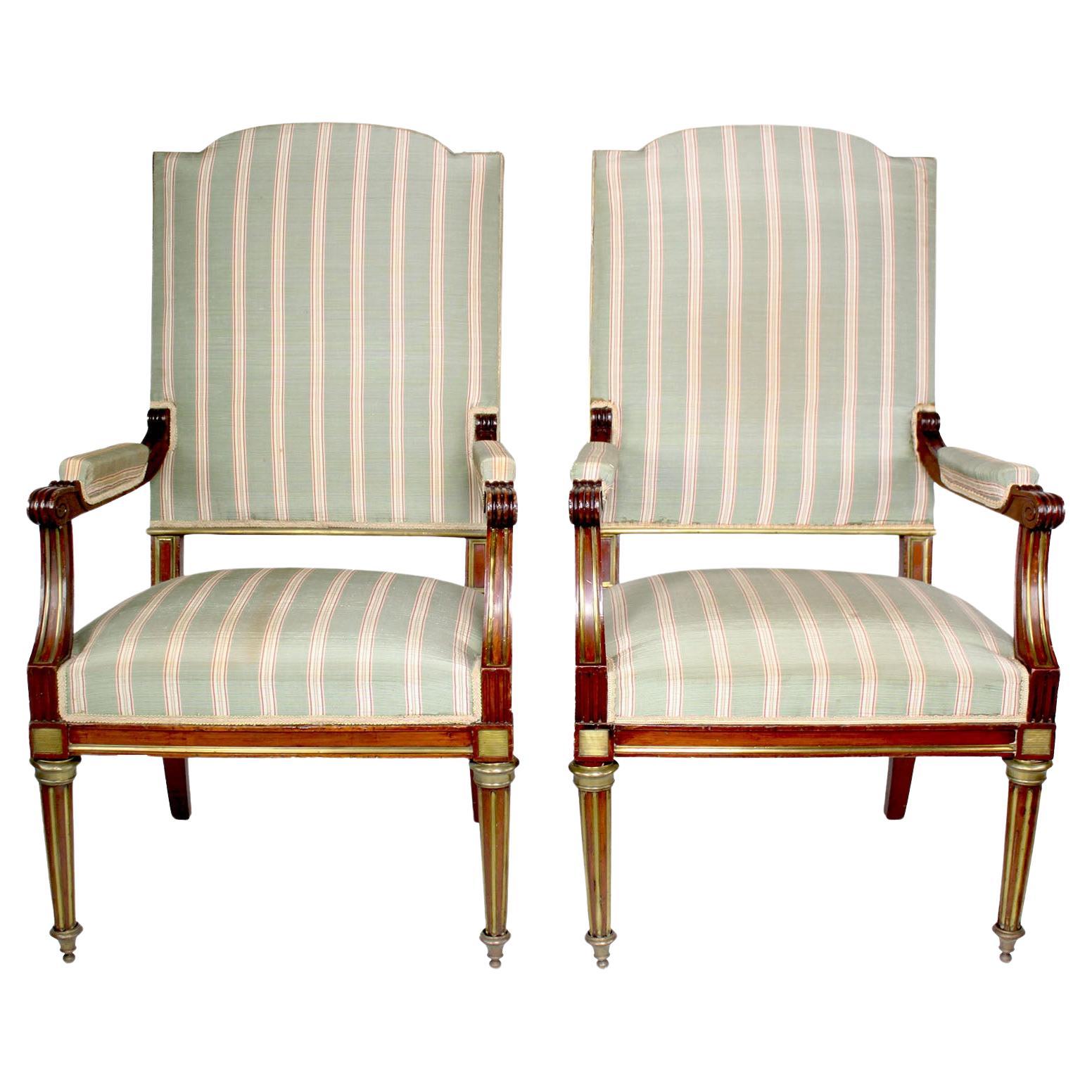 Pair French 19th-20th Century Louis XVI Style Mahogany and Gilt-Metal Armchairs For Sale