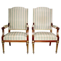Pair French 19th-20th Century Louis XVI Style Mahogany and Gilt-Metal Armchairs