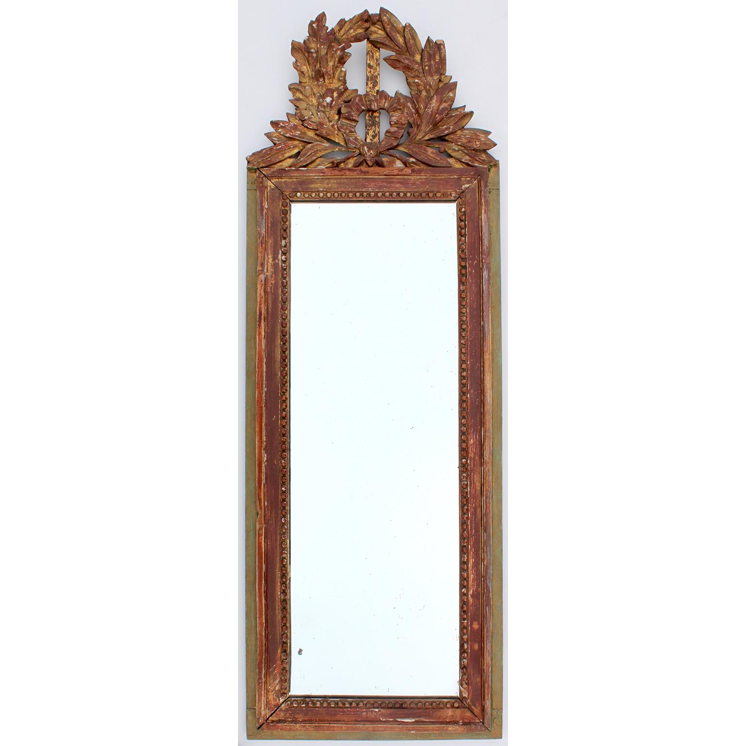 A Pair French 19th-20th century Regency Style Giltwood & Green Paint Wall Mirrors. circa: 1900.