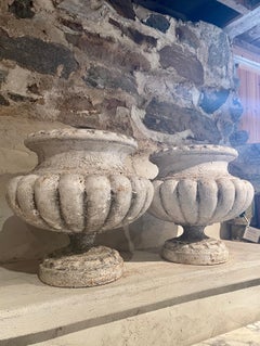 Pair French 19th C Cast Iron Lobed Urns Signed Alfred Corneau