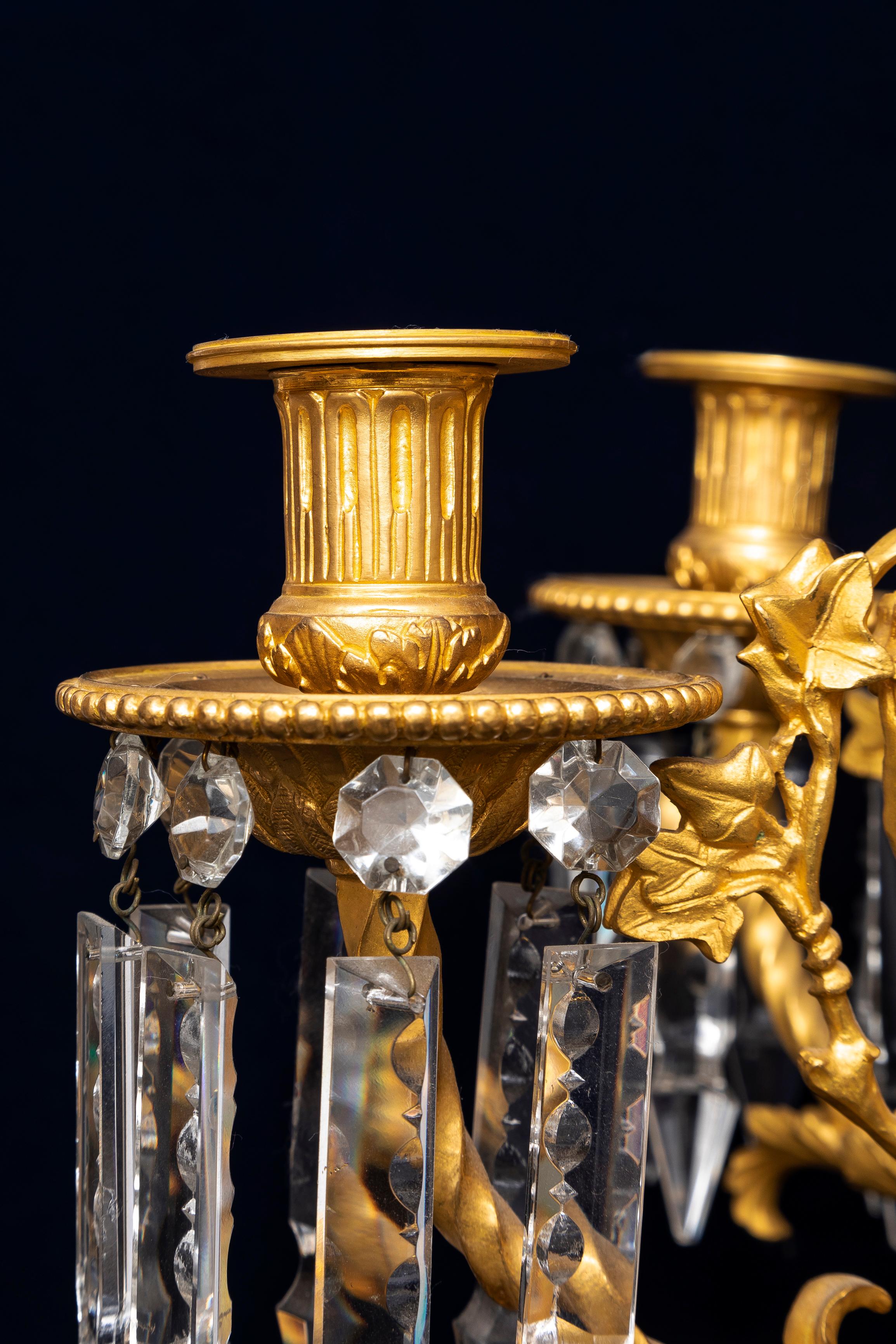 Pair French 19th C. Cut Crystal & Dore Bronze Multi-Arm Candelabra w/ Roosters For Sale 5