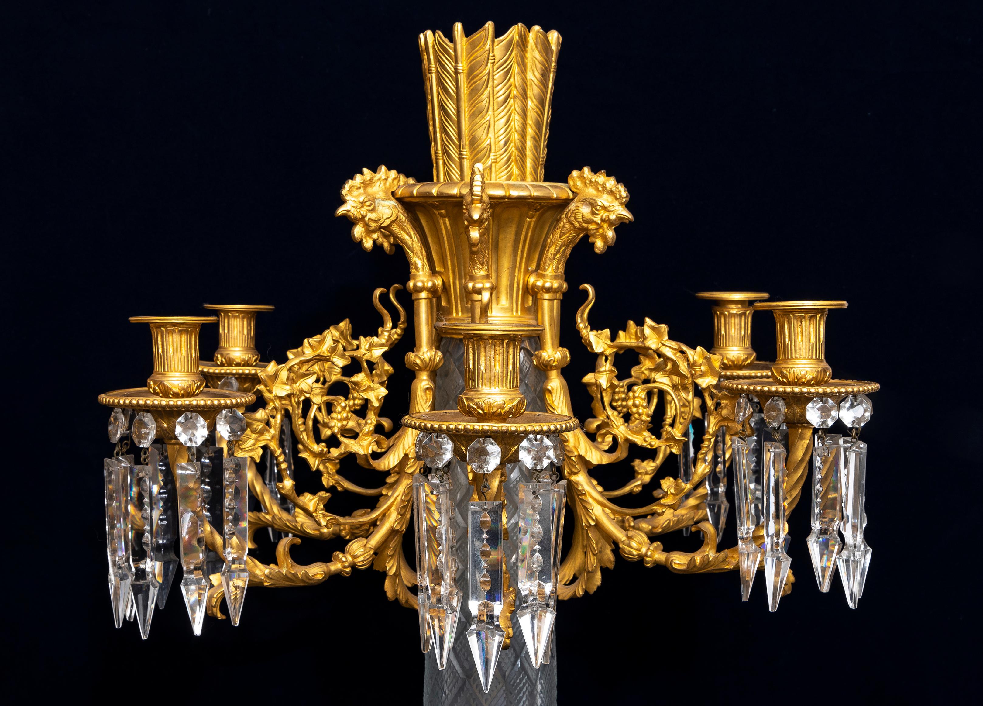 Pair French 19th C. Cut Crystal & Dore Bronze Multi-Arm Candelabra w/ Roosters For Sale 6